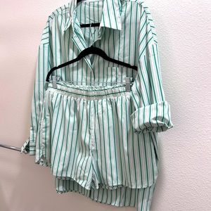 VICI PJ Set: White & Green Striped - Skylar Rose